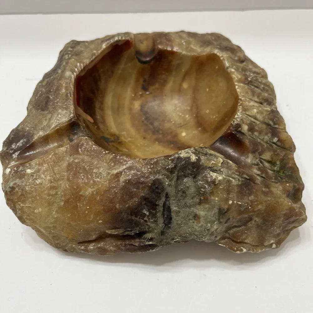 Vintage Alabaster Ashtray/Trinket Holder Brutalist Rough Live Edges Browns 7.5x3